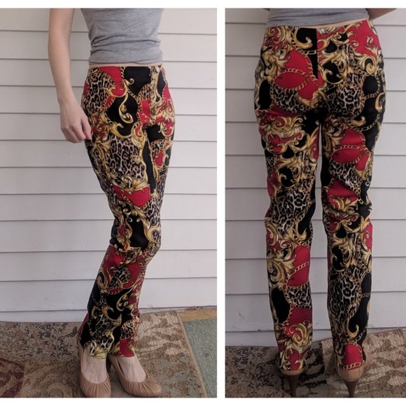 Boston Proper Red Print Pants Cotton Stretch 2 - Picture 2 of 8